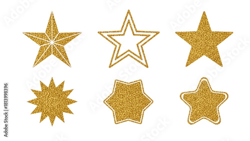 Gold Glitter Stars Set. Isolated Golden Sparkling Star Shapes Collection for Christmas, Awards, and Ratings.
