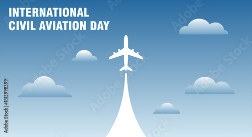 International Civil Aviation Day Graphic Airplane Taking Off Against Blue Sky with Clouds