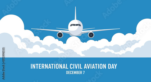 International Civil Aviation Day Greeting Banner with Airplane Flying Above Clouds