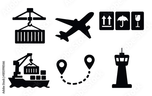 Shipping and logistics icons featuring cargo plane and container ship graphics