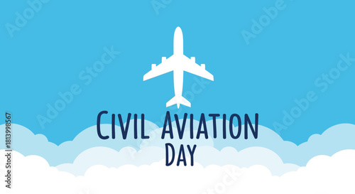 Vector Illustration for Civil Aviation Day with Airplane Silhouette Against Blue Sky and Clouds