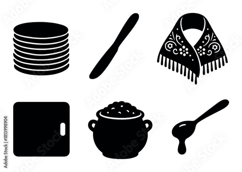 Traditional embroidered shawl with kitchen essentials silhouettes