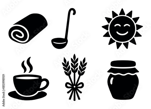 Cozy home symbols: blanket, ladle, sun, coffee, wheat, jam icons on textured background