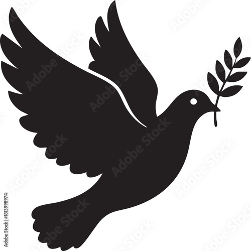 Black dove with olive branch vector icon illustration, simple peace symbol logo