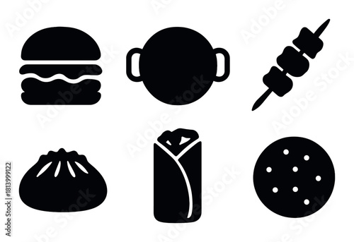 Silhouette icons of diverse global foods including burger, dumpling, burrito, skewer, cookie, bowl