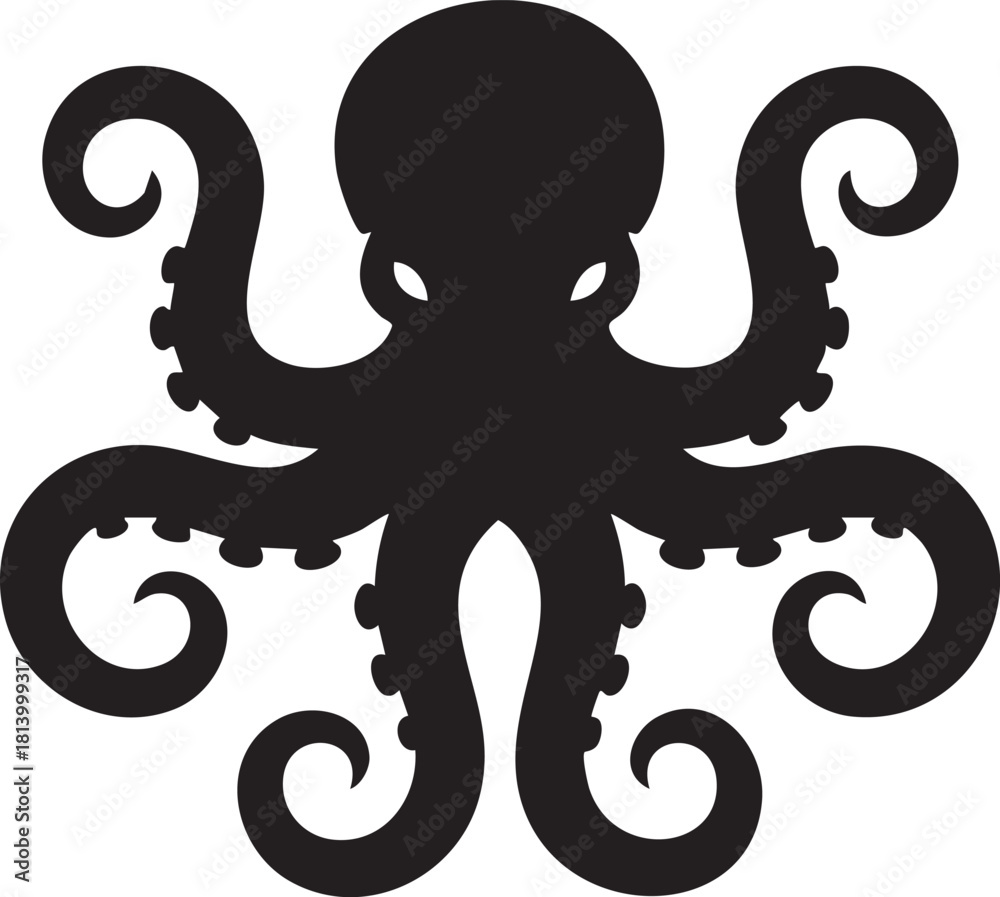 Obraz premium Black octopus silhouette vector logo icon illustration, simple marine animal symbol