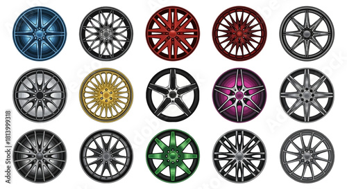 Array of fifteen distinct colorful rims arranged in rows and columns