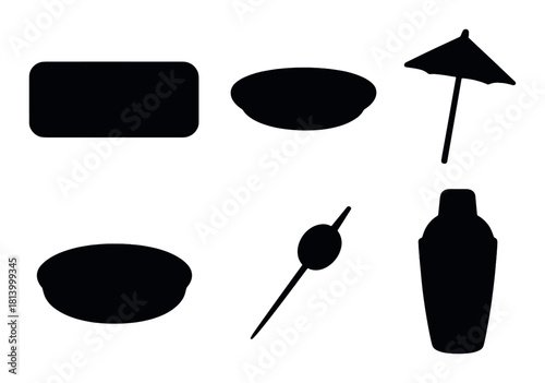 Stylish cocktail set with shaker, strainer, stirrer, umbrella, and plates