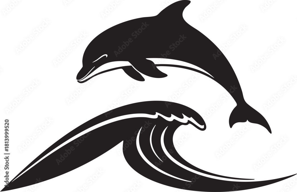 Fototapeta premium Dolphin jumping over ocean wave black silhouette vector logo icon illustration