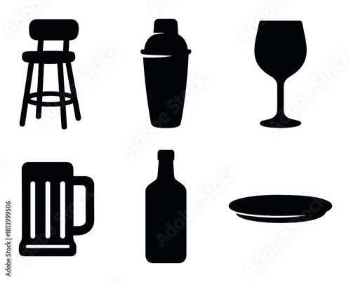 Silhouette set: bar stool, cocktail shaker, wine glass, beer mug, bottle, plate