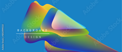 Vibrant abstract shapes overlap, creating colorful fluid design. Blue background enhances visual impact. Modern aesthetic.