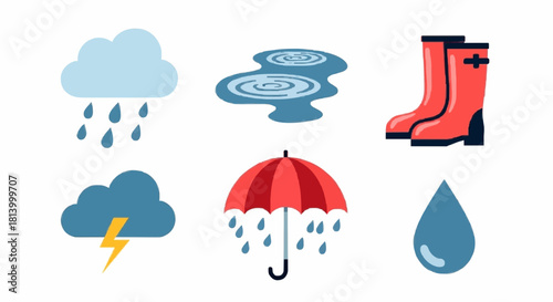 A collection of colorful flat icons representing rainy weather, including clouds, lightning, puddles, boots, and an umbrella.