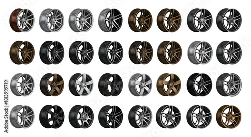32 car rims displayed in 4 rows and 8 columns showcasing various designs and colors