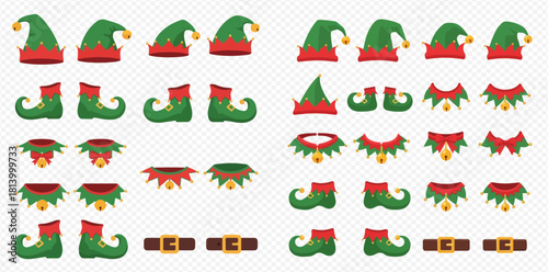 Collection of elf hats, shoes, collars, and belts in green and red colors.