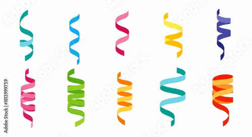 A collection of ten colorful, swirling, and spiraling party streamers in various shades of green, blue, pink, yellow, and orange against a white background.