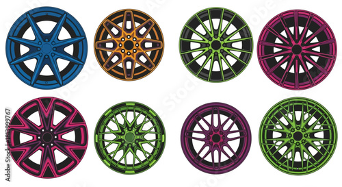 Eight vibrant car wheel rims are arrayed against a stark white backdrop
