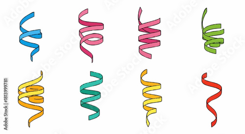 A collection of eight colorful, curly party streamers in various bright colors, isolated on a white background.