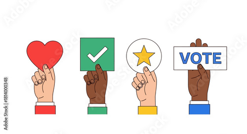 Diverse hands holding symbols: heart, checkmark, star, and vote sign.