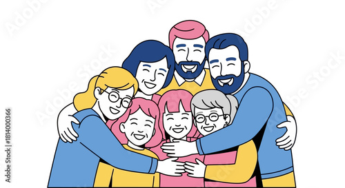 A heartwarming illustration of a large, multi-generational family sharing a joyful group hug.