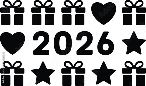 Black silhouette illustration of gifts hearts stars and the year two thousand twenty six on white