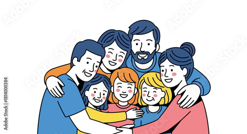 A diverse group of happy family members, including adults and children, embracing each other in a warm hug, illustrating unity and affection.