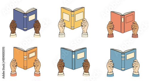 Six illustrations of hands holding open books with different colored covers, representing reading.