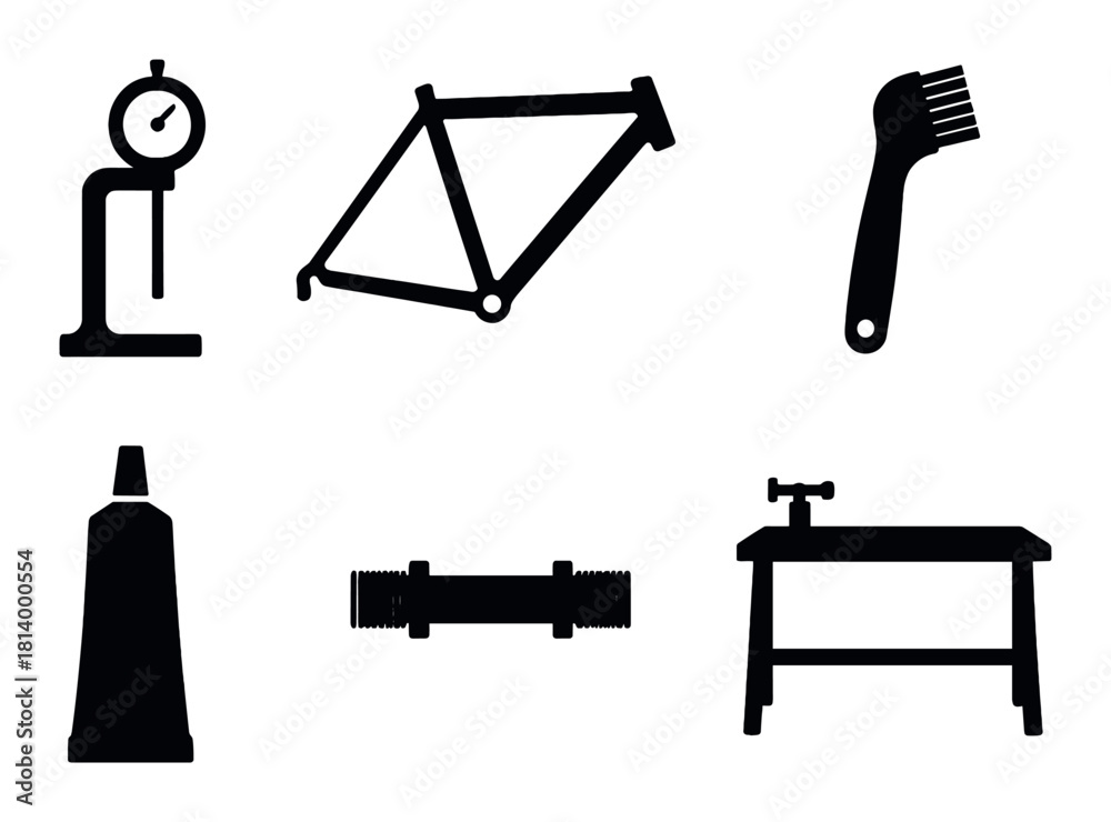 Fototapeta premium Silhouettes of bicycle tools and components on dark background