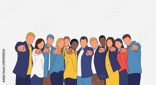 A diverse group of people pointing forward, suggesting a call to action or selection.