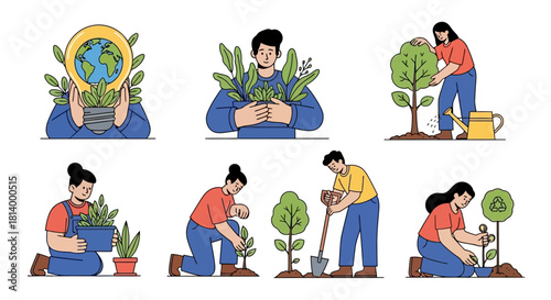 Illustrations depicting people engaged in environmental protection, planting trees, nurturing plants, and promoting eco-friendly sustainable ideas.