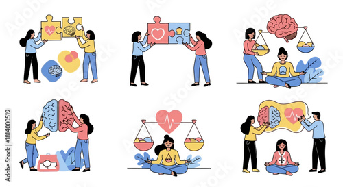 Illustrations depicting mental health, balance, and the connection between mind and heart, with people interacting.