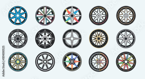 Fifteen car wheels with varied designs are set against a plain background
