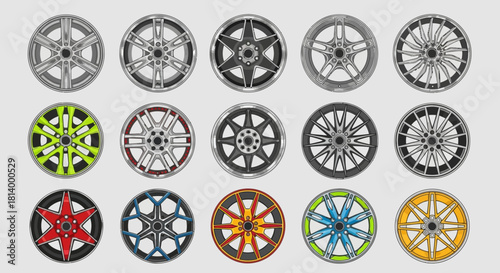 Car wheel variety Fifteen rims displayed in a neat 3x5 grid with unique spoke designs and color schemes