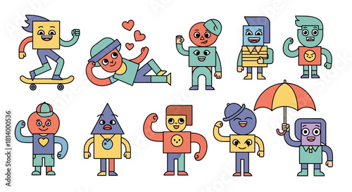 A collection of colorful and quirky cartoon characters with geometric shape heads, expressing various emotions and activities.