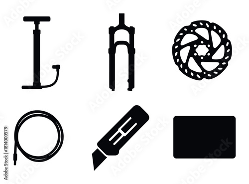Bicycle component icons: pump, fork, disc brake, cable, knife, patch kit
