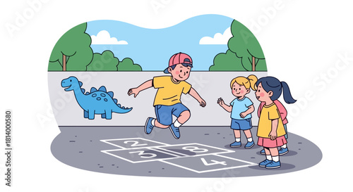 Happy children playing hopscotch together outdoors on a sunny day with a chalk dinosaur drawing.