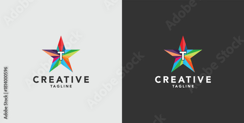 Digital colorful abstract icons, elements and symbols with initial T logo, template