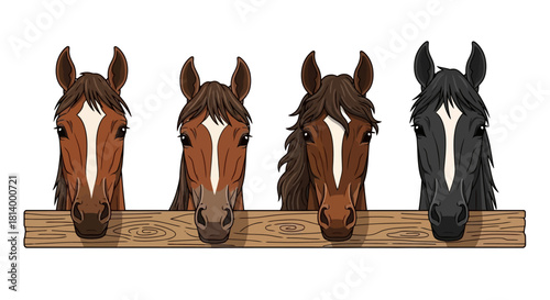 Four horses with different colors of fur stand behind a wooden fence.