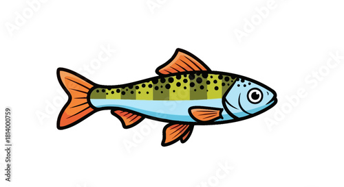 A colorful cartoon illustration of a freshwater fish with orange fins and a spotted body.