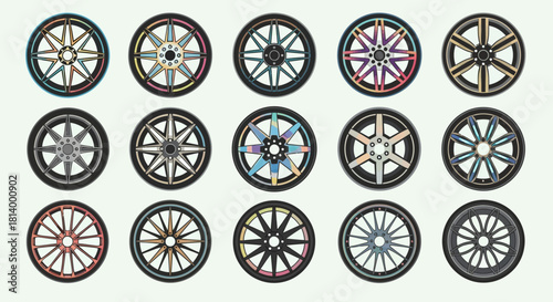 Fifteen stylized car wheels with various spoke designs and color schemes displayed on a neutral background