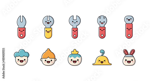 Cartoon tools and character illustrations in a vector graphic style