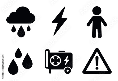 Dark icons of weather hazards and safety warnings