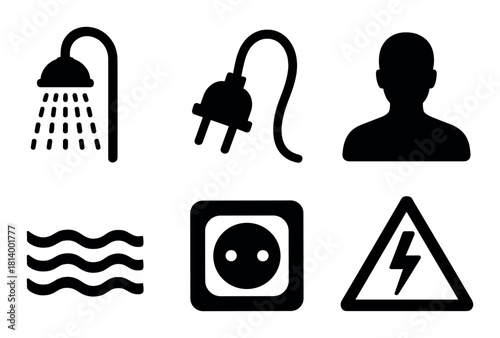 Silhouette icons: shower, plug, person, waves, socket, lightning bolt warning