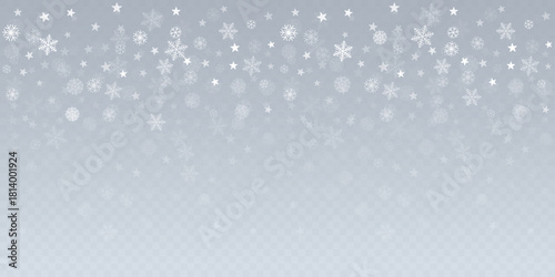 Christmas snow vector background. Falling snowflakes transparent decoration. New Year Holidays greeting card backdrop.