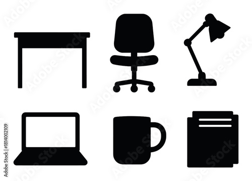 Silhouettes of office desk, chair, lamp, laptop, mug, and files on brown background