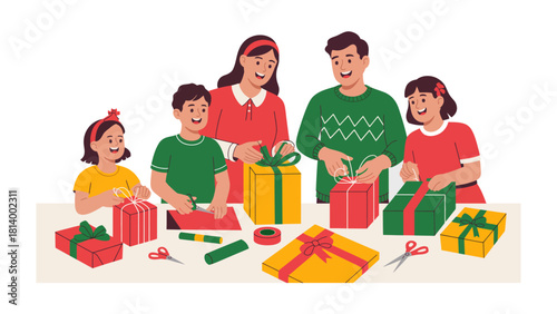 Festive Gathering: Family merriment as they gather around a table to wrap presents, embodying the spirit of celebration and gift-giving. A heartwarming moment of togetherness.
