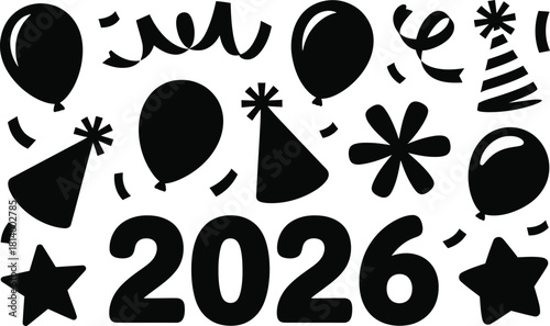Black and white illustration of balloons confetti party hats and stars for the year twenty twenty six