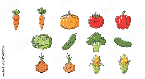 Cartoon vegetables collection carrot pumpkin tomato pepper broccoli cucumber
