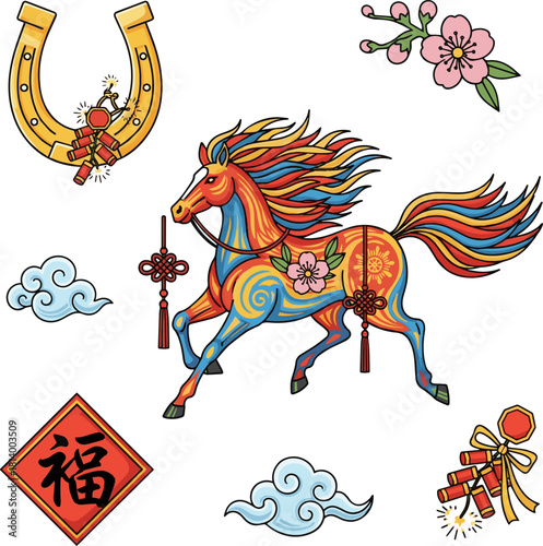 Create a Set of New Year's card illustrations and icons for the Year of the Horse (New Year 2026) Colorful vector art with white background..