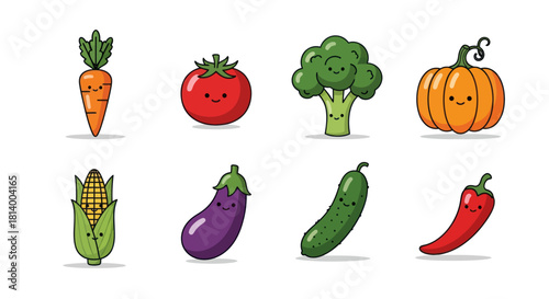 Cartoon vegetables collection carrot tomato broccoli pumpkin corn eggplant