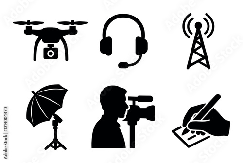 Set of multimedia and communication icons: drone, headset, antenna, tripod, videographer, writing